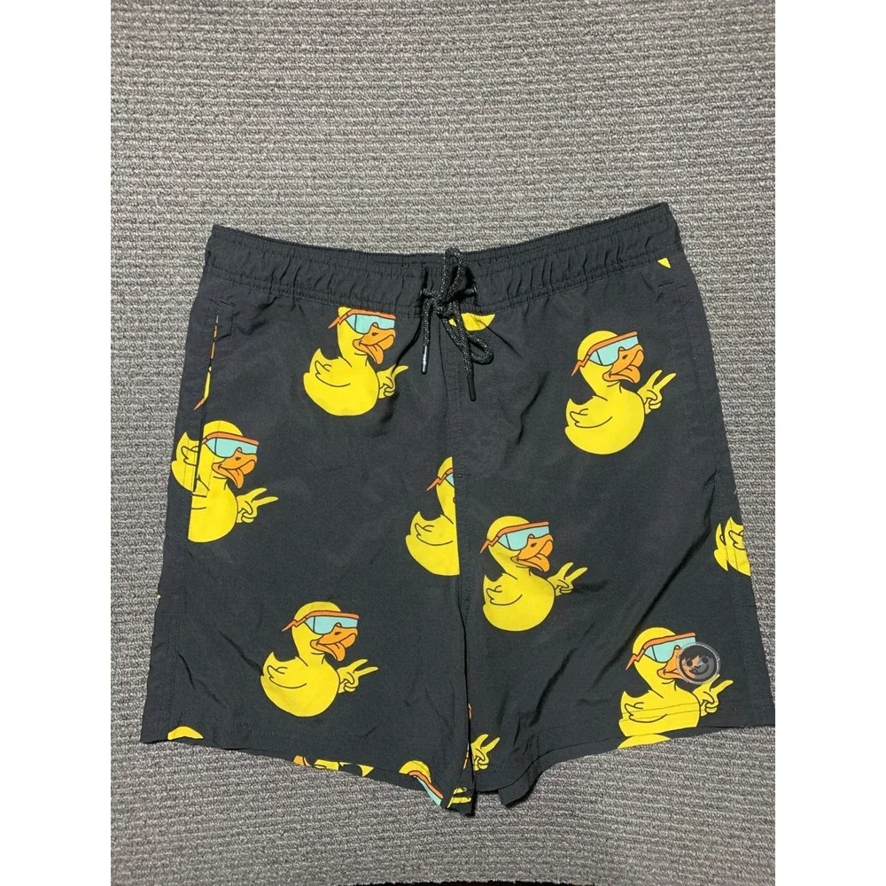 Neff Board Shorts Mens L Yellow Ducky Duck Lightweight Stretch Black Beach Swim
